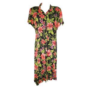 Erika Dress Womens Size PXL Petite XL Black Red Hawaiian Tropical Floral Button